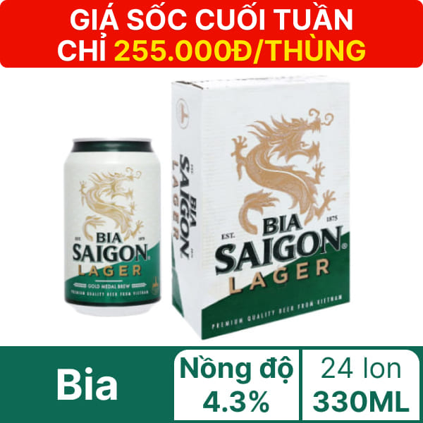 Thùng 24 lon bia Sài Gòn Lager 330ml