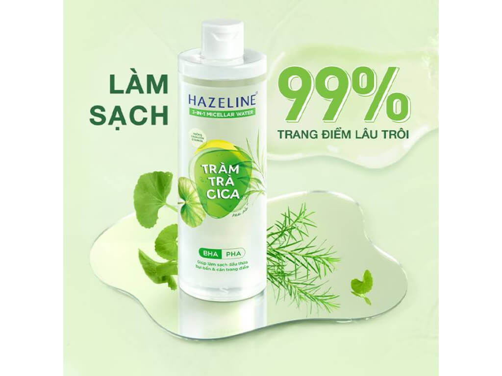Nước tẩy trang 3 in 1 Hazeline Micellar tràm trà Cica sạch sâu ngừa mụn 375ml